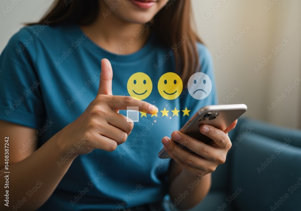 Woman giving a positive rating with a thumbs up using a smartphone application. Woman giving a positive rating with a thumbs up using a smartphone application.