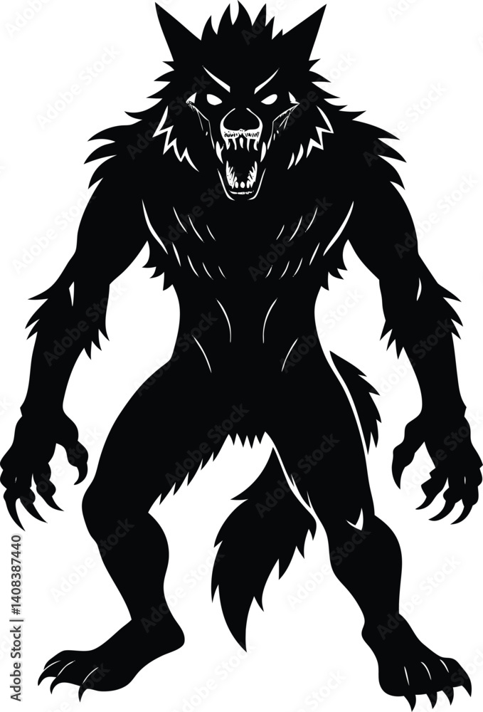 Obraz premium Silhouette of a Werewolf in a Fearsome Stance Displaying Sharp Teeth and Claws
