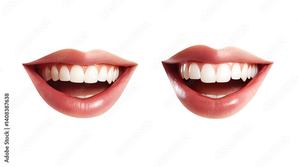 Fototapeta premium Two smiling lips with teeth showing. One is a close-up of a woman's mouth. The other is a close-up of a man's mouth