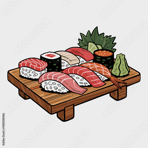Sushi Board with Tuna Nigiri and Maki Rolls Illustration