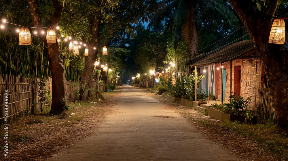 Fototapeta premium Magical lantern-lit road in a rural Assamese village during Bihu night celebration.