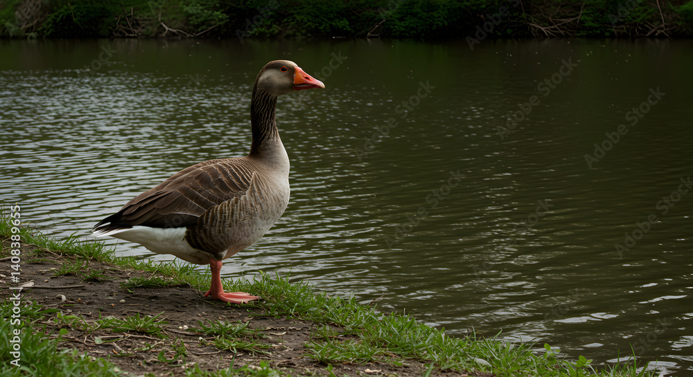 Fototapeta premium Greylag Goose Standing Beside A Pond In A Peaceful Environment