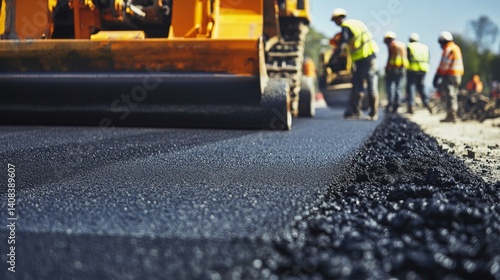 A road construction crew laying asphalt on a busy highway. Featuring teamwork and infrastructure