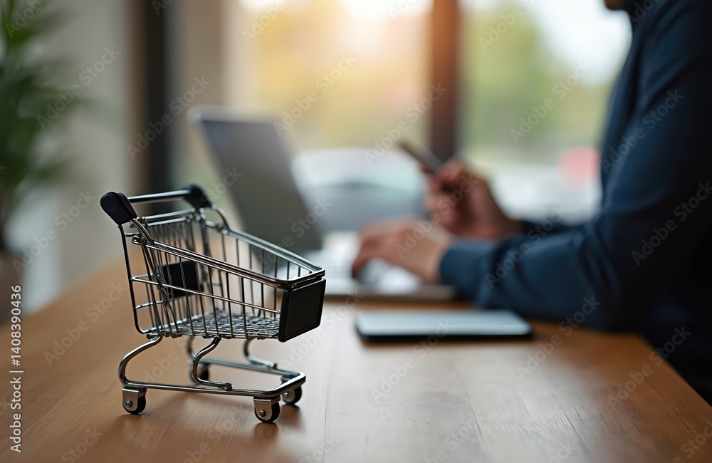 Man uses laptop smartphone to order product. Shopping cart on wooden table near computer. Selective focus on shopping cart against blurred background. Modern tech, online shopping. Man uses laptop smartphone to order product. Shopping cart on wooden table near computer. Selective focus on shopping cart against blurred background. Modern tech, online shopping.