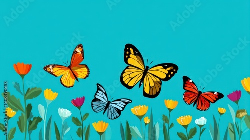 Colorful Butterflies Fluttering Above a Vibrant Field of Flowers Against a Turquoise Background