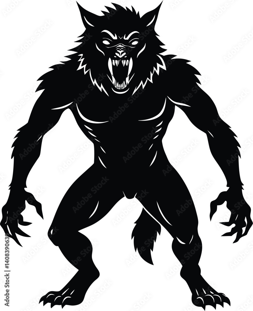 Fototapeta premium Silhouette of a Werewolf in a Fearsome Stance Displaying Sharp Teeth and Claws
