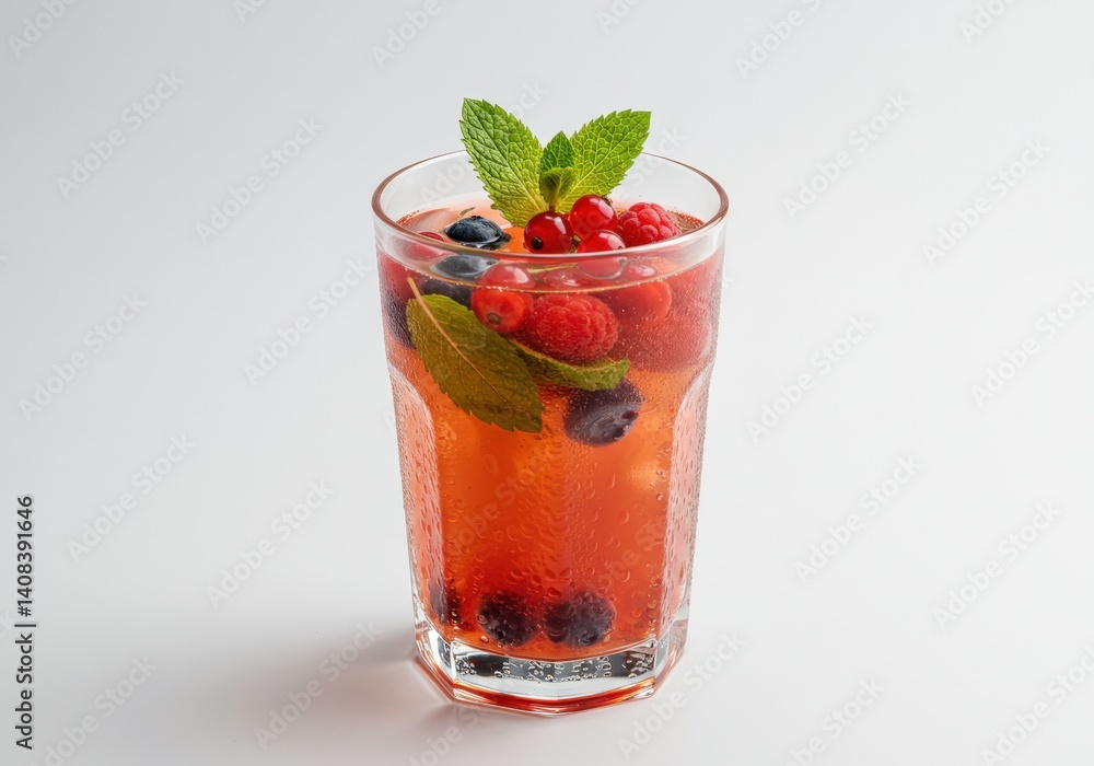 Summer refreshing drink with berries and mint for menu or greeting card. Cold fruit cocktail preparation. Berry iced beverage with fresh raspberry and currant. Summer refreshing drink with berries and mint for menu or greeting card. Cold fruit cocktail preparation. Berry iced beverage with fresh raspberry and currant.