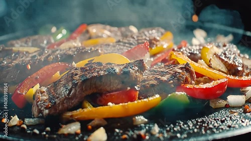 Sizzling Fajita Feast: A Vibrant Close-Up of Grilled Beef and Colorful Peppers Skillet