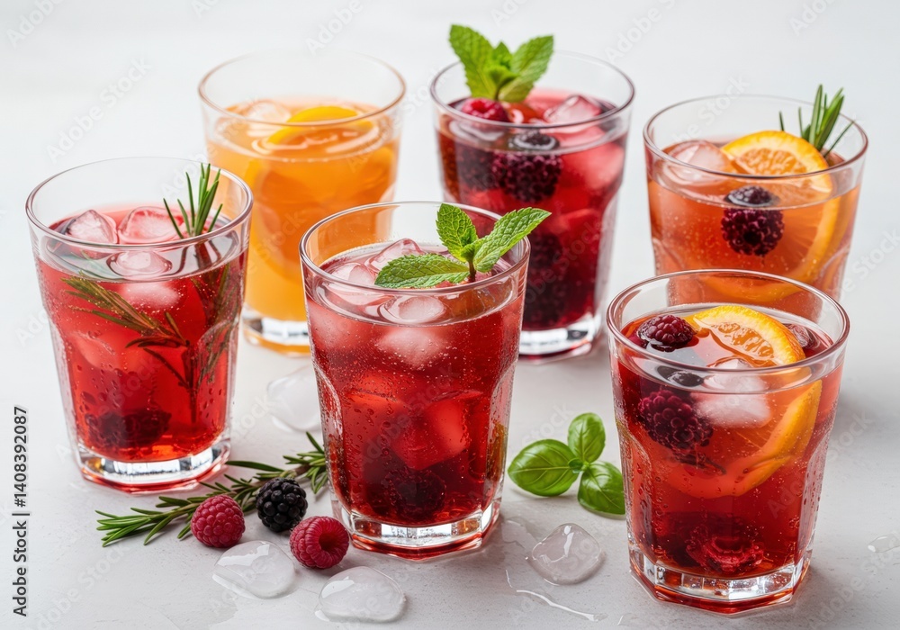 Refreshing summer cocktails assortment with berries, orange slices, rosemary and mint for party or celebration, non-alcoholic seasonal mixed drinks variety, fruit beverages Refreshing summer cocktails assortment with berries, orange slices, rosemary and mint for party or celebration, non-alcoholic seasonal mixed drinks variety, fruit beverages