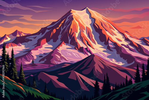 Mount Rainier National Park at sunset time,  Snowcapped Mount Rainer cartoon design Flat style illustration