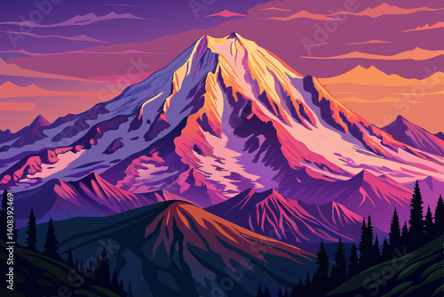Mount Rainier National Park at sunset time,  Snowcapped Mount Rainer cartoon design Flat style illustration