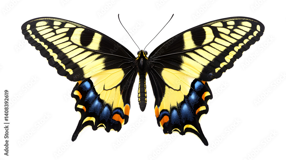 Fototapeta premium A butterfly with black and yellow wings. The butterfly is resting on a white background. The butterfly is the main focus of the image