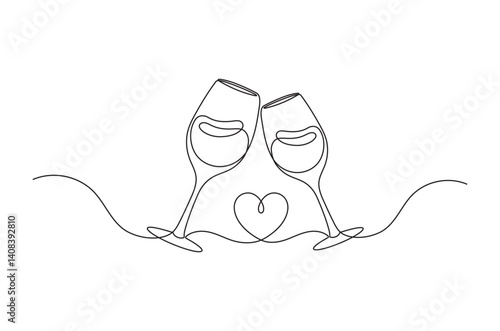 Continuous one line drawing of two wine glasses, wine glass one line art, linear style, isolated on a white background