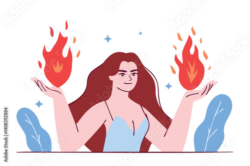 Mystical woman with fiery magic powers, enchanting spellcaster in a dynamic vector illustration, fantasy sorceress with glowing flames, ethereal and powerful arcane energy