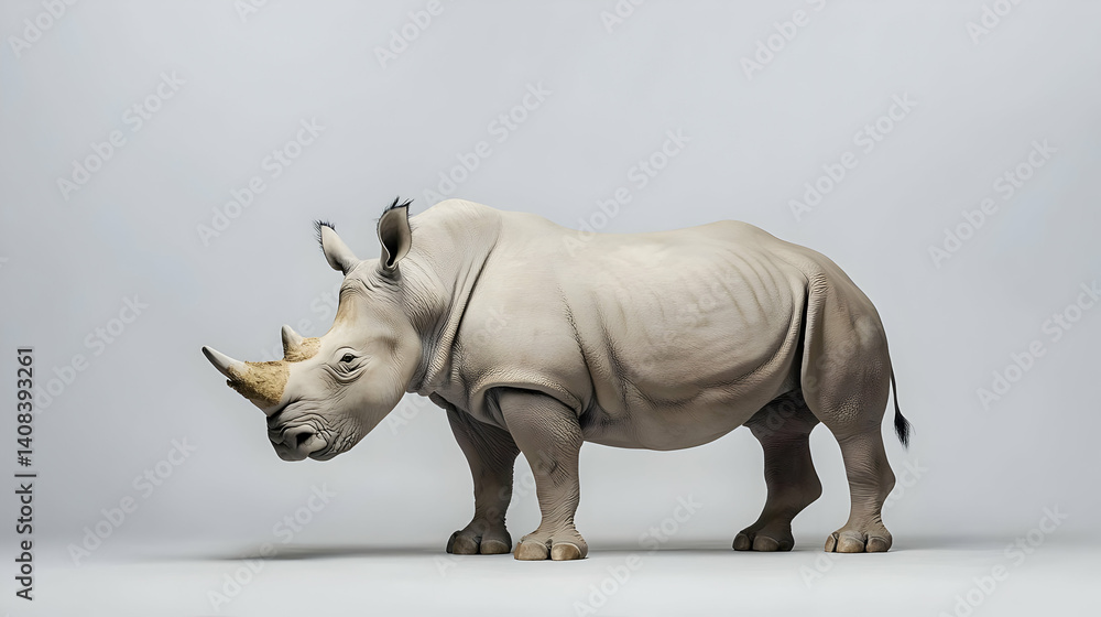Obraz premium Majestic White Rhinoceros In A Bright Studio Setting Against A Neutral Gray Backdrop Full Length Side View