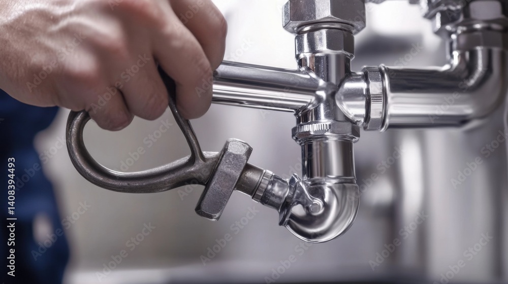Plumber sealing a drain pipe under the sink. Featuring care and technical skill Plumber sealing a drain pipe under the sink. Featuring care and technical skill