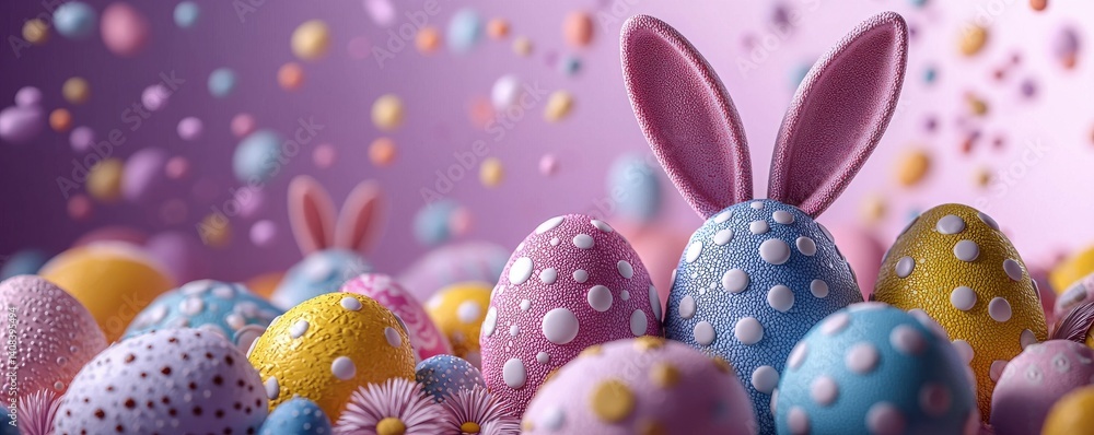 Fototapeta premium Colorful Easter eggs and bunny ears with festive spring atmosphere
