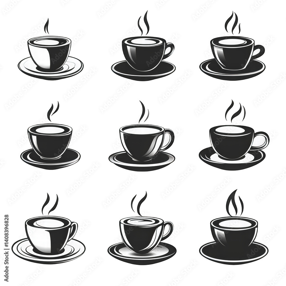 Monochrome Coffee Cup Icons: A Set of Nine Variations in grayscale Monochrome Coffee Cup Icons: A Set of Nine Variations in grayscale
