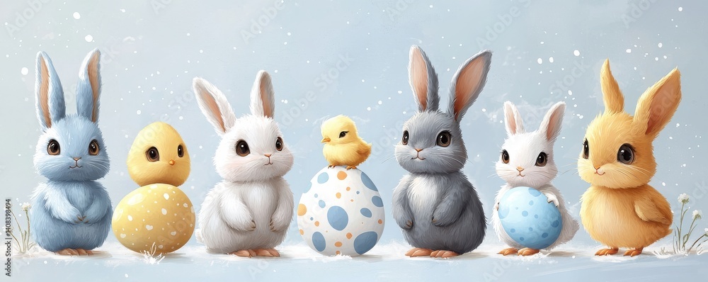 Obraz premium Adorable Easter Bunnies and Chicks with Colorful Eggs in Snowy Spring Setting