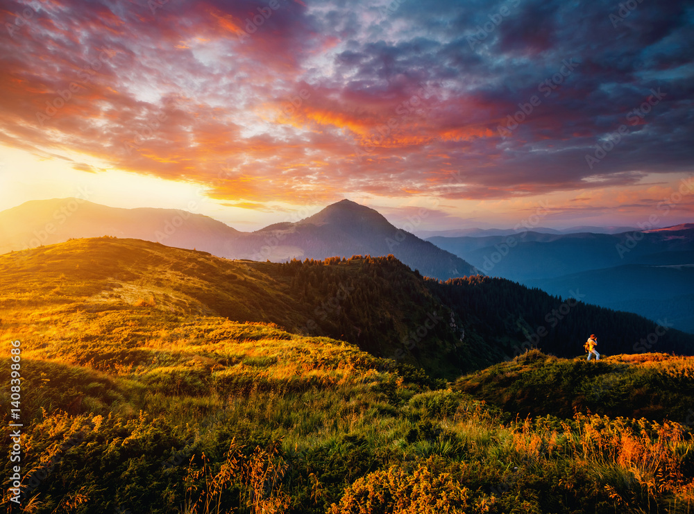 Fototapeta premium Majestic view of the mountain ranges illuminated by the sun's rays. Carpathian mountains, Ukraine.