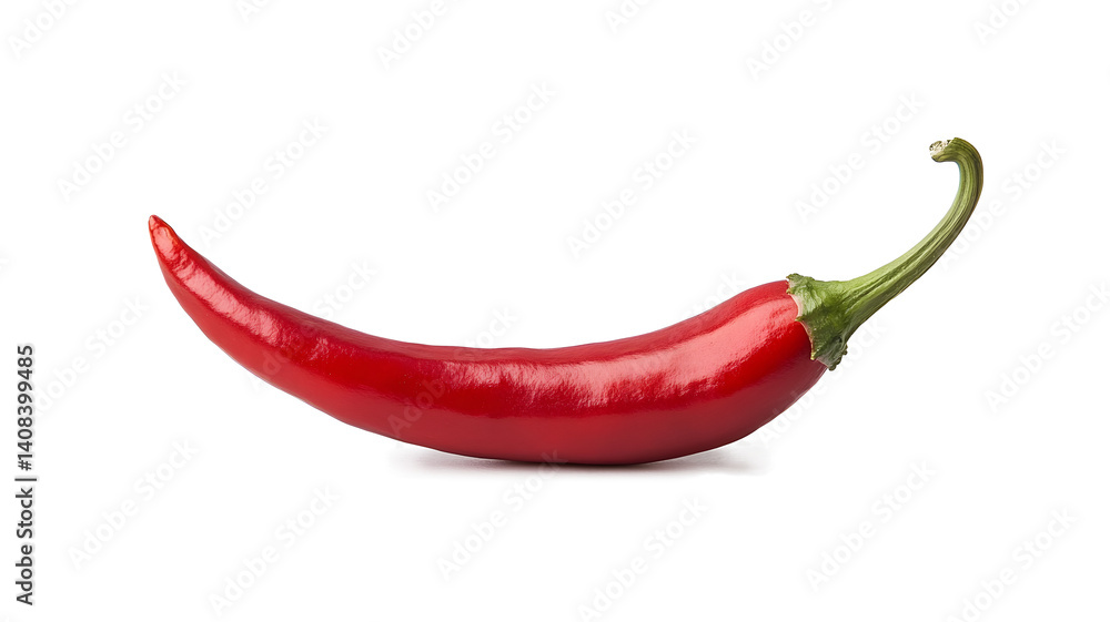 A red pepper is shown on a white background. The pepper is long and slender, with a green stem at the top. Concept of freshness and natural beauty A red pepper is shown on a white background. The pepper is long and slender, with a green stem at the top. Concept of freshness and natural beauty