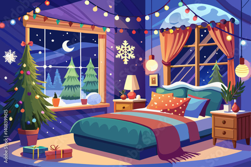 Cozy bedroom with a bed by the window with Christmas decorations and a Christmas tree and warm light garlands and candles - interior view in winter and snow. Christmas and New Year, celebrate Christma