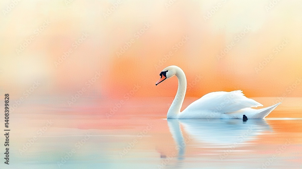 Obraz premium White swan on lake, bright sky with pink-yellow background, orange-blue color scheme