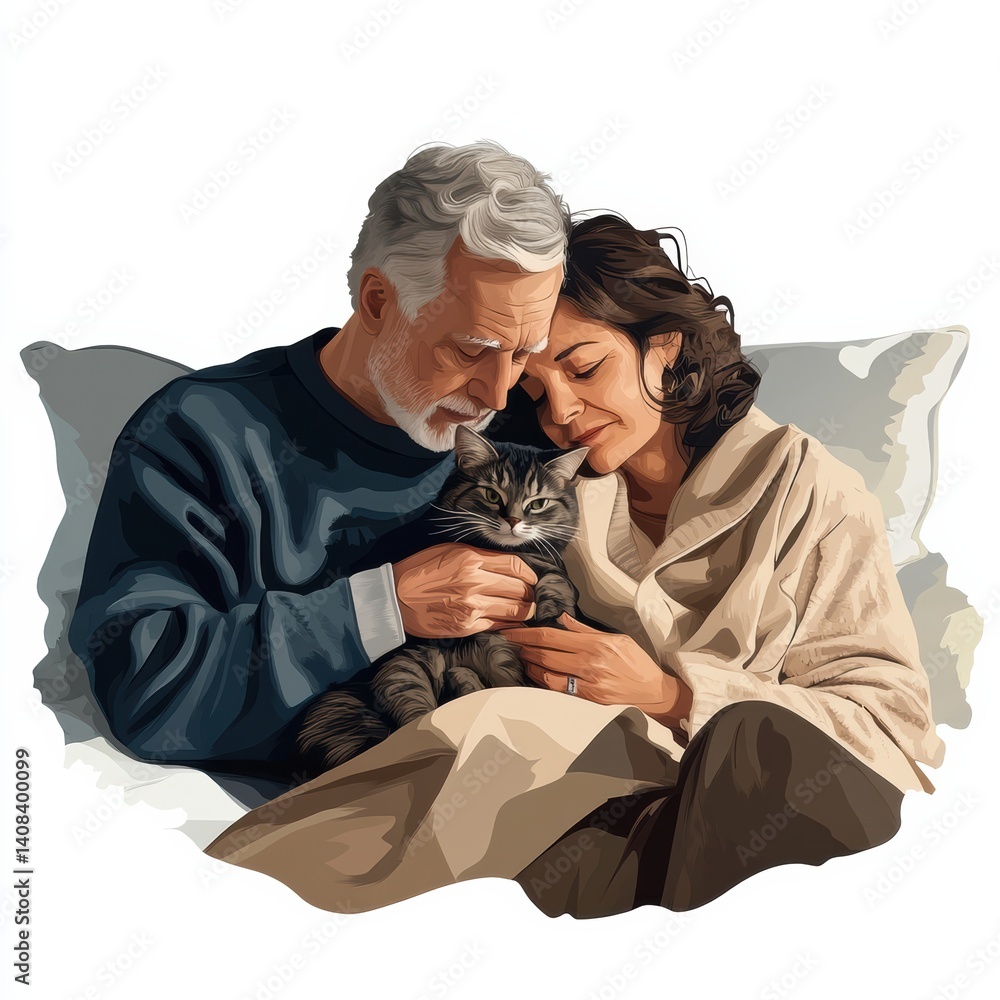 Elderly couple enjoying cozy moments with their playful cat on a couch in a warm atmosphere Elderly couple enjoying cozy moments with their playful cat on a couch in a warm atmosphere