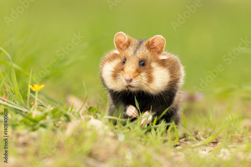 a curious little european hamster with big cheeks