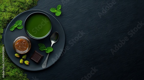   A black plate topped with a cup of green tea next to a spoon and a spoon rest