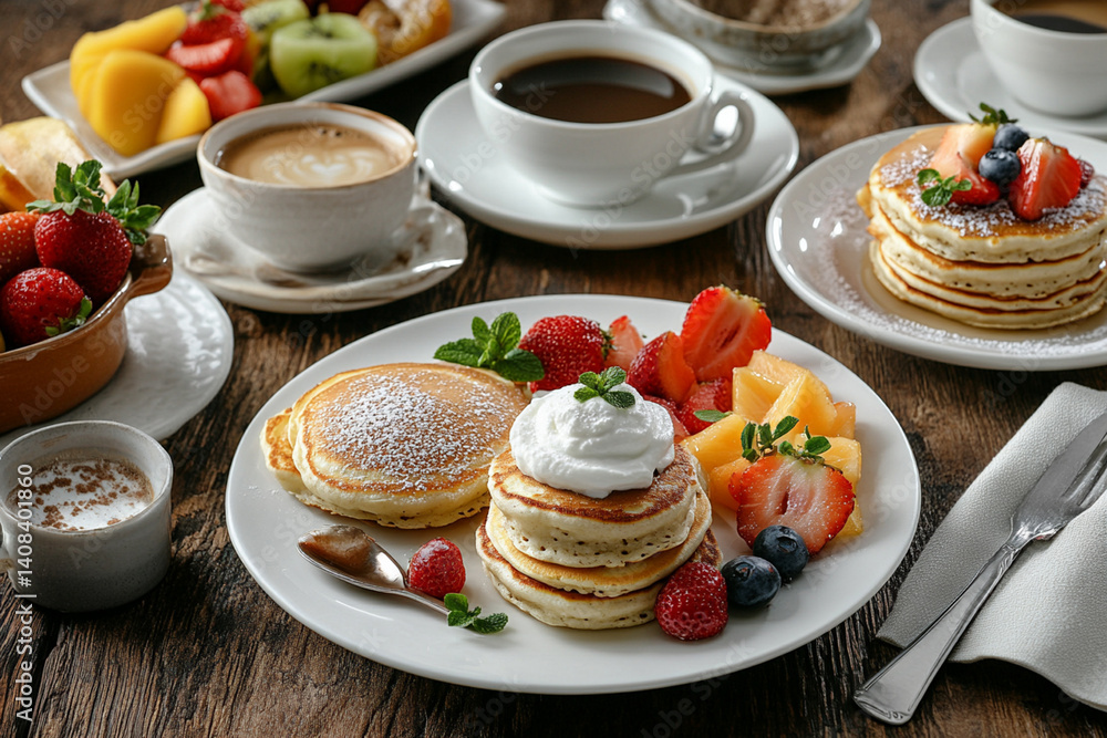 A cozy brunch setting with a variety of dishes, including pancakes, fruit, and coffee A cozy brunch setting with a variety of dishes, including pancakes, fruit, and coffee