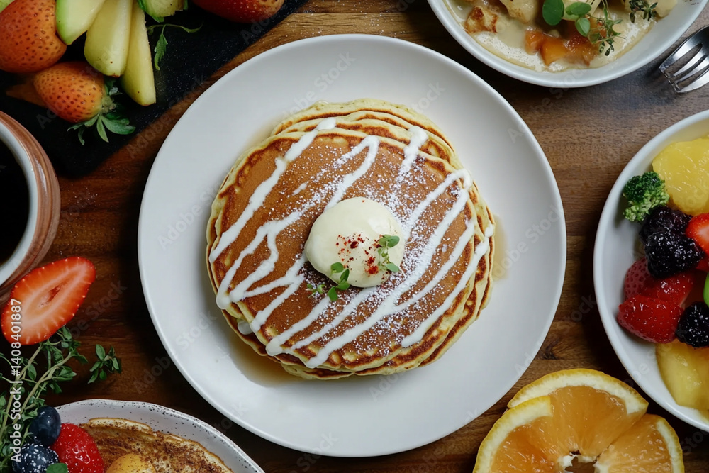 A cozy brunch setting with a variety of dishes, including pancakes, fruit, and coffee A cozy brunch setting with a variety of dishes, including pancakes, fruit, and coffee