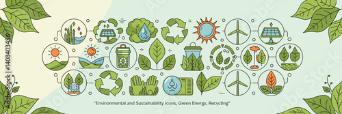 Minimalist sustainability icons with green energy and recycling symbols – Ideal for eco-friendly campaigns, environmental awareness, or sustainability initiatives.