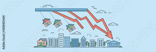 Line-style illustration of real estate slowdown and housing crash with falling house icons and a downward graph – Great for financial crisis, real estate market trends, or economic downturn content.
