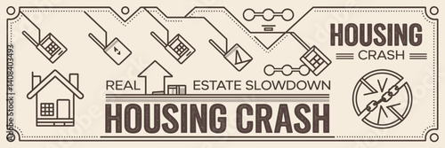 Vintage style infographic of real estate slowdown with falling house icons and broken chain – Ideal for housing crisis content, mortgage analysis, or economic downturn discussions.