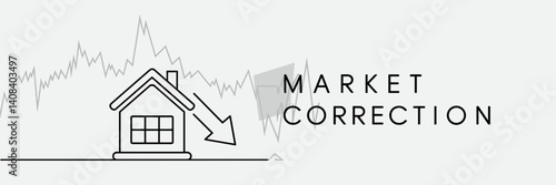 Stylized house with downward arrow representing market correction – Ideal for real estate analysis, financial crisis discussions, or housing market trends.