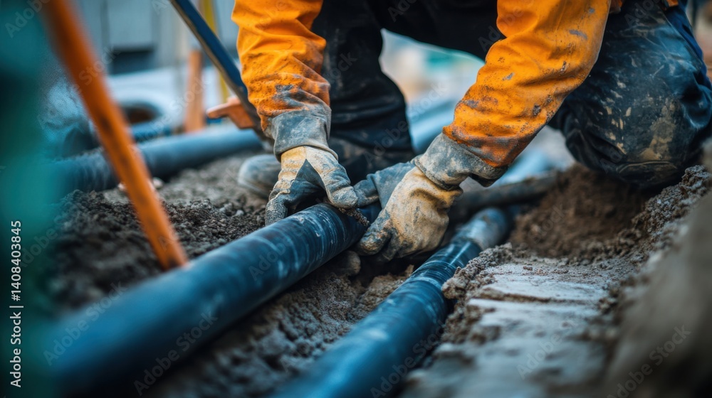 Construction worker laying pipes at a building site. Featuring precision and teamwork Construction worker laying pipes at a building site. Featuring precision and teamwork