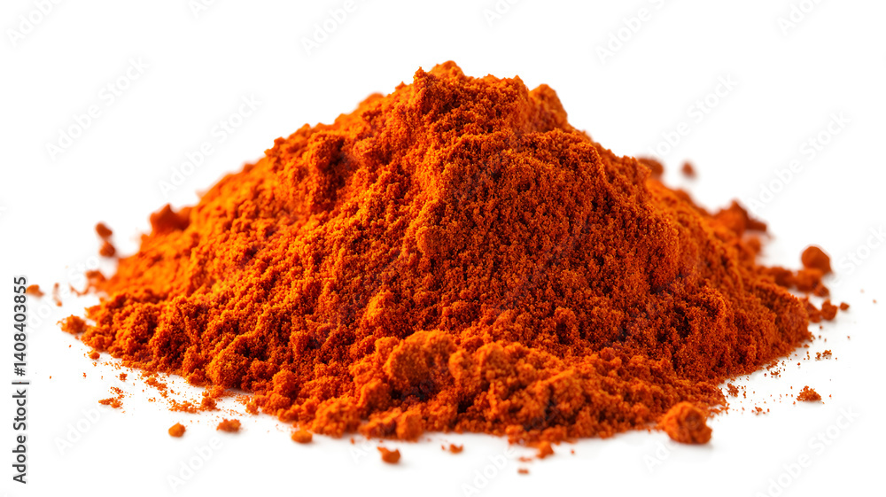 A pile of red powder on a white background. The powder is red, and he is a spice A pile of red powder on a white background. The powder is red, and he is a spice