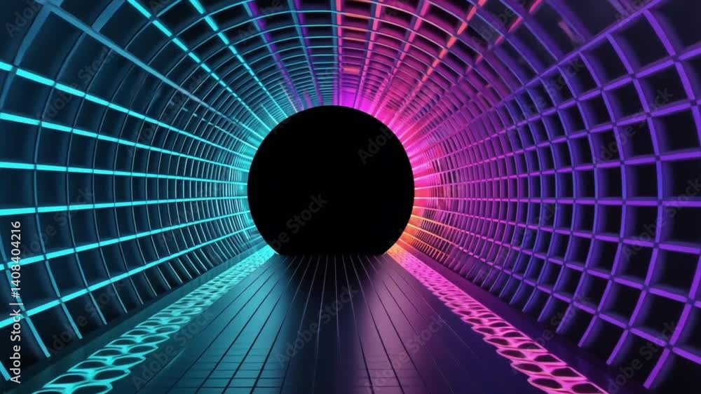 A glowing tunnel with blue and orange grid patterns leading to a dark sphere at the end point view