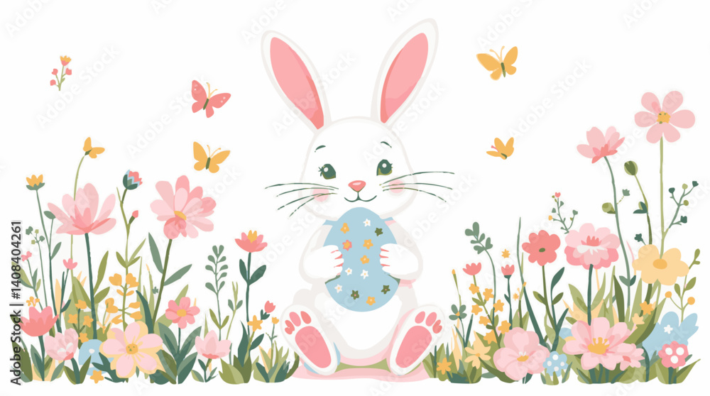 Easter Bunny with Decorated Egg and Flowers – Cute Flat Vector Illustration Easter Bunny with Decorated Egg and Flowers – Cute Flat Vector Illustration