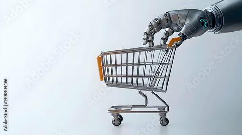 Metallic Robotic Hand Holding A Miniature Shopping Cart On A White Background With Orange Handle