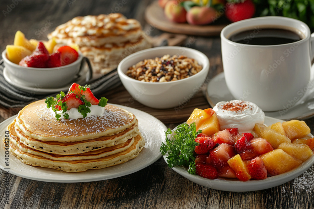 A cozy brunch setting with a variety of dishes, including pancakes, fruit, and coffee A cozy brunch setting with a variety of dishes, including pancakes, fruit, and coffee