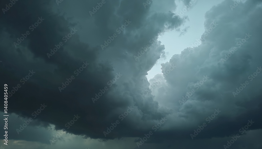 Obraz premium Dramatic photo of a black stormy sky covered with dark rain clouds. Moody atmosphere, heavy storm, nature landscape background. Overcast weather concept. Thunderstorm approaching.