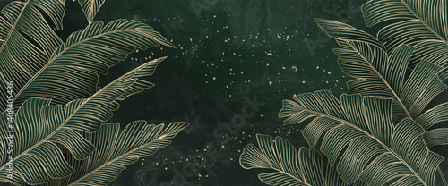 Luxury dark art background with palm leaves in golden line style hand drawn. Botanical tropical banner for decor, print, textile, packaging, interior design, cover, poster.