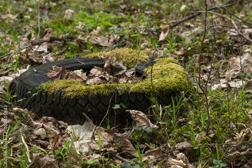 Obraz premium An old, black car tire lies on the ground, covered with green moss and fallen brown leaves. The tire is partially overgrown with grass and other small plants. 