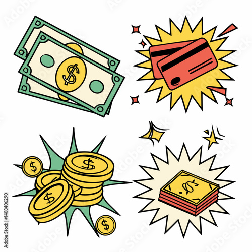 Pop Art Money Icons – Cash, Coins and Credit Cards