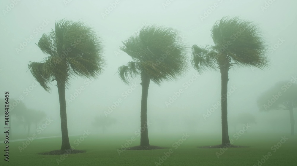Fototapeta premium Three palm trees with their fronds whipping in a strong, misty wind; a light, overcast sky; muted greens and grays