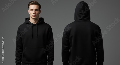 Man and hoodie shown front and back against a grey background studio shot.