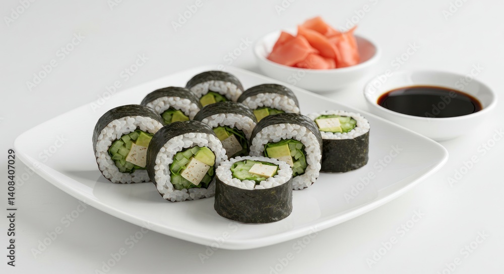 Sushi rolls on a white plate with ginger and soy sauce on white. Sushi rolls on a white plate with ginger and soy sauce on white.
