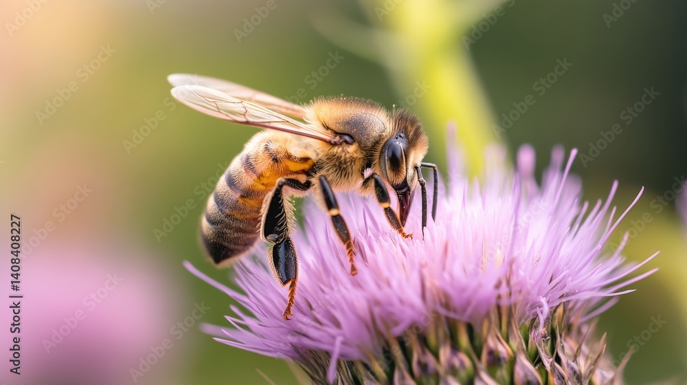 A honeybee collecting pollen from a beautiful purple thistle flower A honeybee collecting pollen from a beautiful purple thistle flower